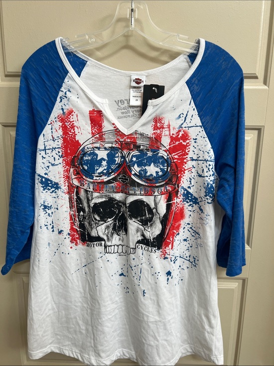 Harley-Davidson Tops - Harley-Davidson Patriotic Skull Raglan Tee 2X USA Flag Biker Grunge Americana